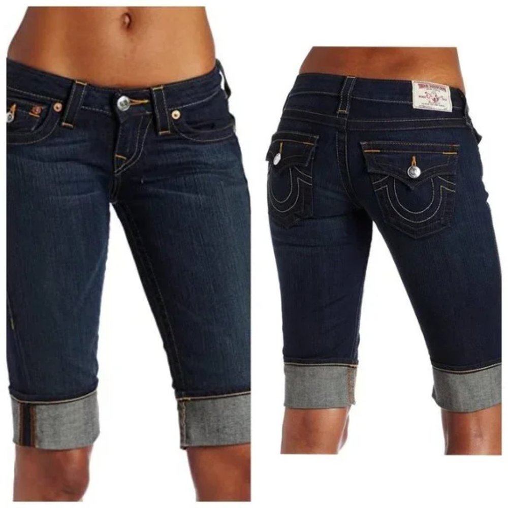 True Religion Jean Shorts Women 26 Blue Thick Stitch Hem Cuffed Bermuda Low Rise